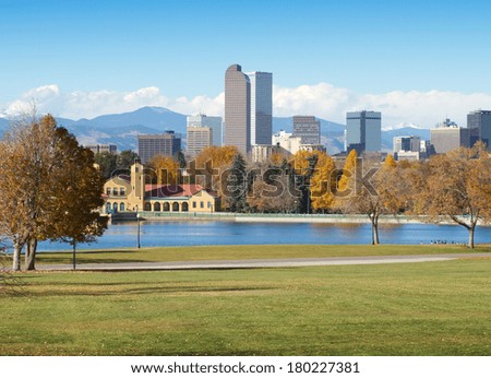 Downtown Denver Skyline, on a bright autumn morning, with City Park in the foreground.