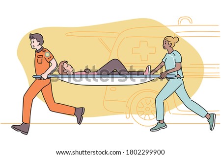 Firefighters and doctors are running with patients on stretchers. hand drawn style vector design illustrations. 