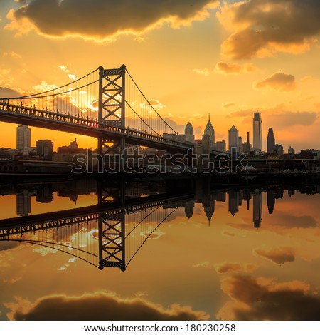 Panorama of Philadelphia skyline, Ben Franklin Bridge and Penn's Landing sunset