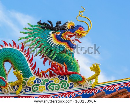 green chinese art dragon on the roof of temple