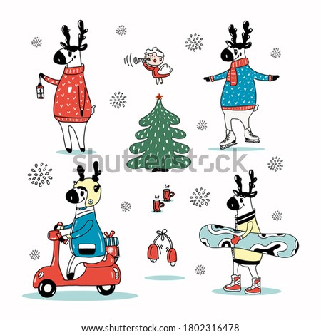 Christmas character set:deer on a scooter, red sweater, with a snowboard, on skates,Christmas tree and an angel.Christmas bells and grog cups.vector illustration.Cartoon Christmas elements for design.
