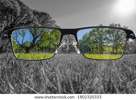 Through glasses frame. Colorful view of landscape in glasses and monochrome background. Different world perception. Optimism, hopefulness, mental health concept.