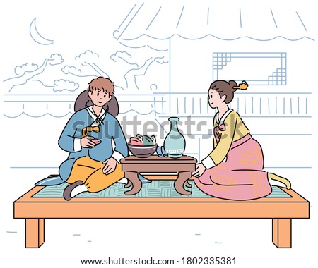 In a traditional Korean bar, a man and a woman are sitting at tables and eating food. hand drawn style vector design illustrations. 