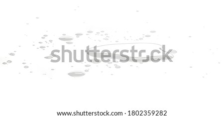 Water puddles and droplets on white reflective surface. Frontal view and deep focus stacking Royalty-Free Stock Photo #1802359282