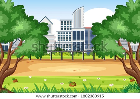 Background scene with buildings in the city and green park illustration