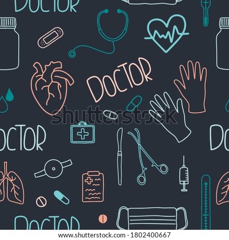 Doctor icons seamless pattern. Hand draw vector line illustration. The set consists of medicines, gloves, stethoscope, protective mask, thermometer, syringe, patch, doctor's suitcase, etc.