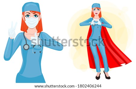 Doctor Hero in a Mask and a Red Cloak Stands. Flat cartoon style. Nurse woman - show love, hand gestures.