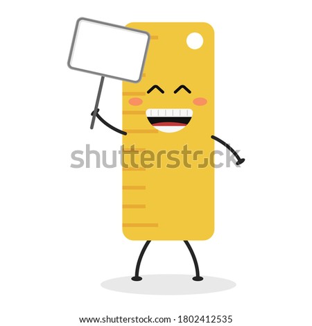 Cute flat cartoon ruler holding a sign illustration. Vector illustration of a cute ruler with a smiling expression.