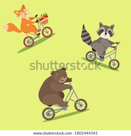 seamless pattern, fox, bear and raccoon ride bicycles, print, for children, light green background, cartoon, doodle, sketch, vector illustration