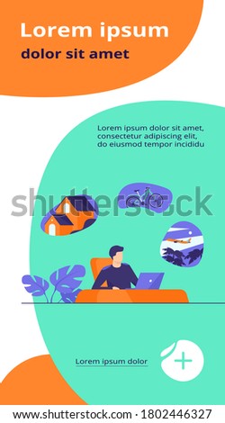 Man sitting at computer and planning his vacation. Office worker thinking about country house, travel by bike or plane. Vector illustration for dream, thought, lifestyle, wealth concept