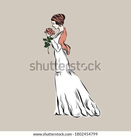 hand drawn vintage woman in elegance style. vector clip art. illustration for vintage postcard or poster