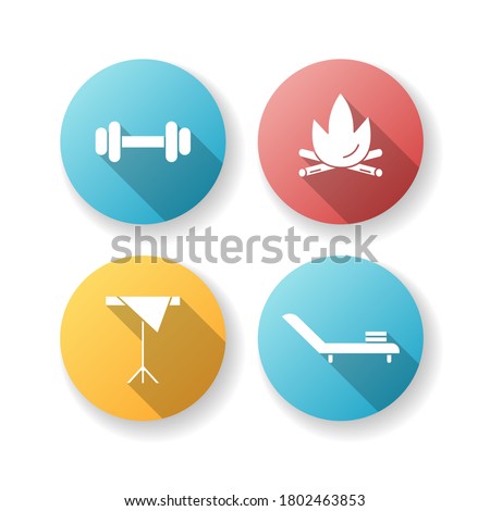 Hotel service flat design long shadow glyph icons set. Fitness center. Fireplace for campsite. Table with cloth in restaurant. Deck chair for sunbathing. Silhouette RGB color illustration
