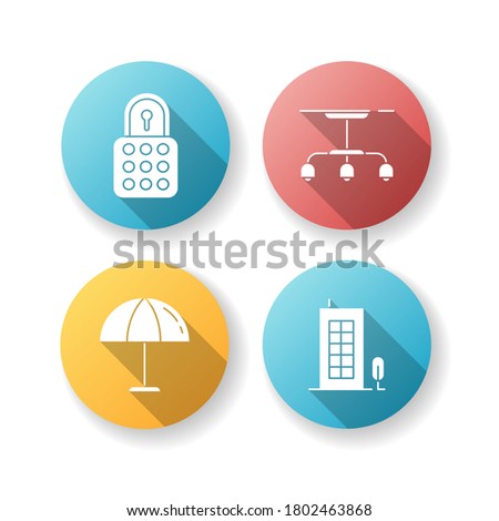 Apartment flat design long shadow glyph icons set. Closed lock for privacy protection. Beach umbrella for tanning. Apartment building. Living amenities. Silhouette RGB color illustration
