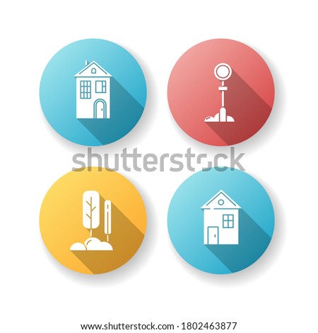 Suburban life flat design long shadow glyph icons set. Real estate. House for living. Urban park near home. Signpost to regulate traffic. Property for sale. Silhouette RGB color illustration