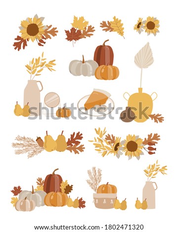 Big set of hand drawn autumn compositions with various shapes and fall doodle objects. Abstract contemporary modern trendy vector illustration. Leaves, pumpkins, florals.