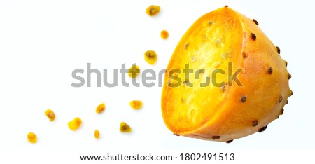 Prickly pear fruit in half across isolated on white background. Fresh sliced prickly pear and a lot of seeds with copy space. Sabra fruit. neon fruits - nopales cactus Royalty-Free Stock Photo #1802491513