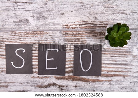 Search engine optimazation concept. Seo abbreviation. Topview of green plant on the wooden board.