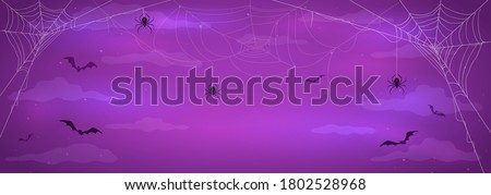 Abstract purple background with black spiders on cobwebs and flying bats. Illustration can be used for children's holiday design, cards, invitations and banners.