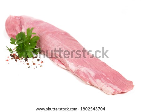 Raw Veal Tenderloin with Pepper isolated on white Background. Royalty-Free Stock Photo #1802543704