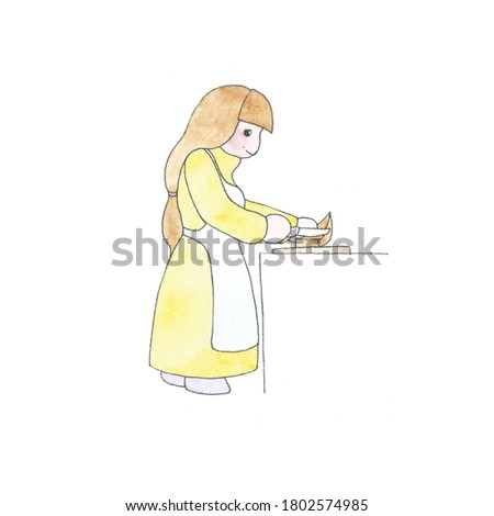 A girl doll cuts a pumpkin on a cutting board. Watercolor illustrations