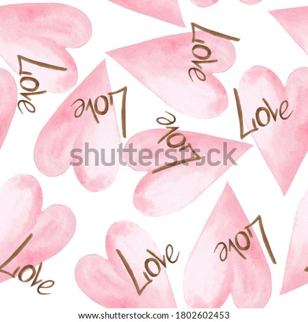 Watercolor seamless pattern with pink hearts and writing love on a white background