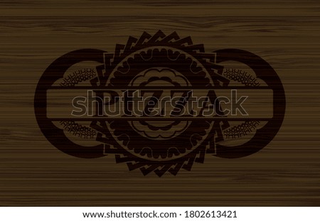 pizza text inside dark wood realistic emblem. Brown chic background. Vector illustration. 