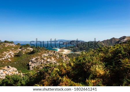 Panoramic view of the Cies Islands from the highest point of the island. White sand beaches, vegetation of various odors and clean turquoise and blue waters..