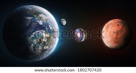 Spaceship with mission from Earth planet to Mars. Expedition with Mission Perseverance 2020. Space station. Elements of this image furnished by NASA Royalty-Free Stock Photo #1802707420