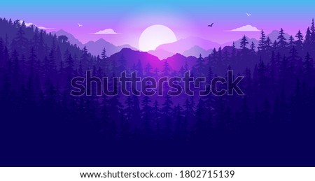 Mountains and forest vector illustration. View over trees and landscape to mountain range with sunset and beautiful light. Royalty-Free Stock Photo #1802715139