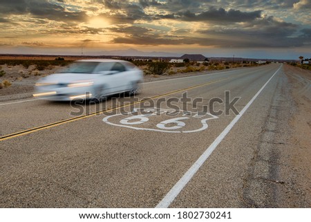 U.S. Route 66 horizontal road sign, Amboy, California, USA Royalty-Free Stock Photo #1802730241