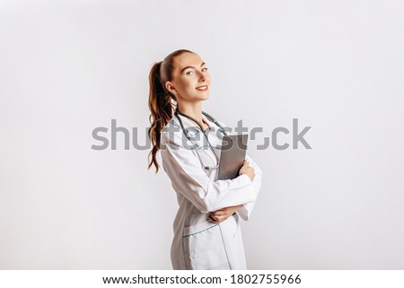  Doctor with stethoscope at hospital. Nurse hold patient medical chart. Information data. Therapist in uniform. 