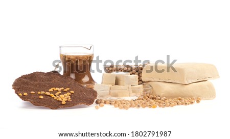 Sheet Rotten Beans, tofu, bean paste and soybeans on a white background.