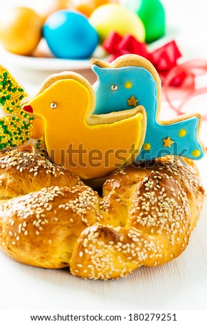 Sweet Easter bread on Easter background
