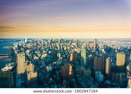 New York City skyline with skyscrapers of Manhattan during sunset