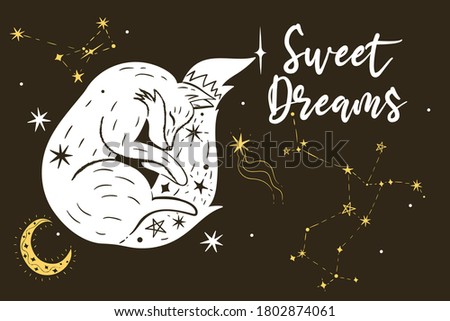 Poster with a sleeping fox, stars and the inscription Sweet dreams. Vector graphics.