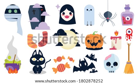 Cute and funny Halloween vector set. Quirky fun cartoon characters of children. Pumpkin, ghost, cat, bat, candy, jar and more. Isolated icons and holiday symbols for for invitations  and packaging.