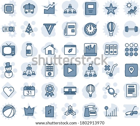 Blue tint and shade editable vector line icon set - tv vector, airport bus, christmas tree, 31 dec calendar, snowman, candy, holly, hierarchy, medal, factory, ampoule, barbell, heart, no trolley