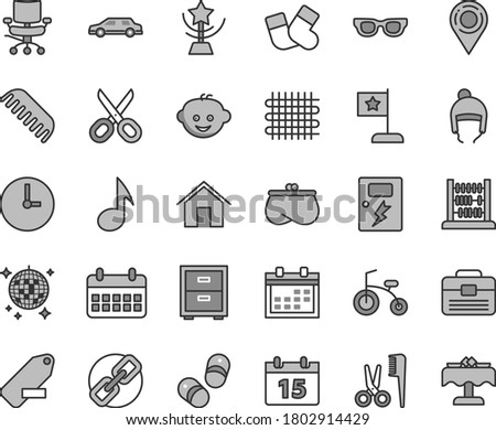 Thin line gray tint vector icon set - scissors vector, calendar, spectacles, remove label, bedside table, accessories for a hairstyle, comb, warm socks, children's hairdo, child bicycle, shoes, home
