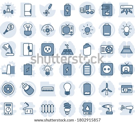 Blue tint and shade editable vector line icon set - tv vector, fork loader, bulb, ripper, battery, low, rca, charge, money torch, desk lamp, air conditioner, fridge, socket, fan, water heater, idea
