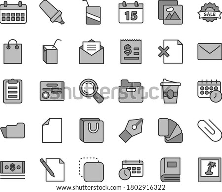 Thin line gray tint vector icon set - clean sheet of paper vector, e, packing juice with a straw, sample colour, calendar, envelope, received letter, picture, folder, notes, delete page, bag handles