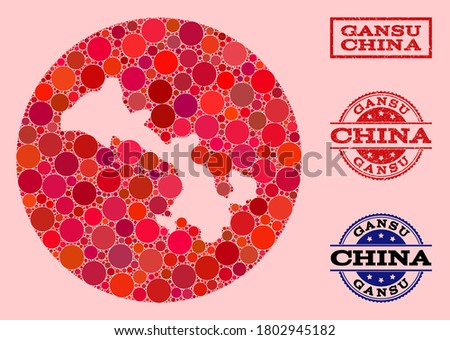 Vector map of Gansu Province mosaic of round spots and red rubber stamp. Hole round map of Gansu Province collage composed with circles in various sizes, and red color hues.