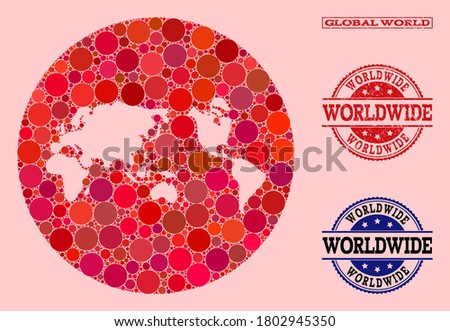 Vector map of global world collage of round elements and red rubber seal. Stencil round map of global world collage composed with circles in variable sizes, and red color hues.