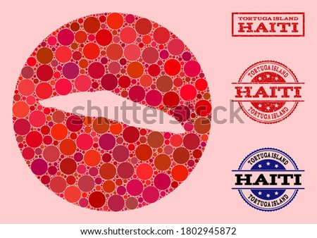 Vector map of Haiti Tortuga Island mosaic of spheric items and red watermark seal. Hole round map of Haiti Tortuga Island collage formed with circles in different sizes, and red color hues.
