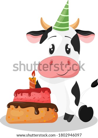 
a big and beautiful birthday cake, a cute cow with a hat sits next to it