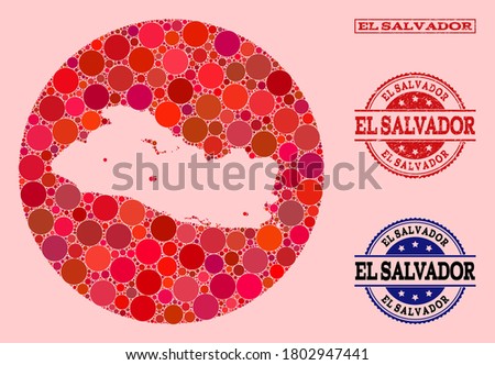Vector map of El Salvador collage of circle items and red grunge stamp. Hole circle map of El Salvador collage designed with circles in different sizes, and red color tints.