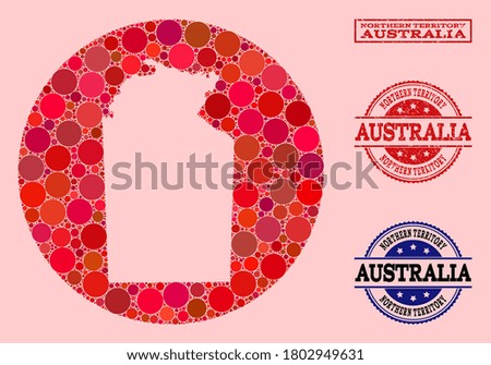 Vector map of Australian Northern Territory collage of round elements and red watermark stamp. Subtraction round map of Australian Northern Territory collage formed with circles in different sizes,
