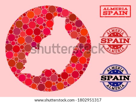 Vector map of Almeria Province collage of circle blots and red watermark seal stamp. Subtraction circle map of Almeria Province collage designed with circles in different sizes, and red color hues.
