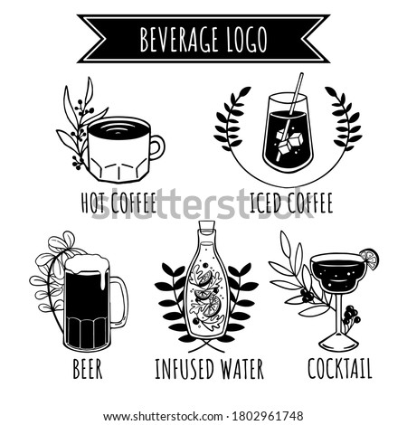 Collection of beverage logo stamp. Hot coffee, iced coffee, beer, infused water, cocktail black sticker isolated on white background. Flat design hand drawn.