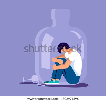 Lonely alcoholic man trapped in a bottle. Alcohol addiction metaphor. Isolated on purple. Flat Art Rastered Copy