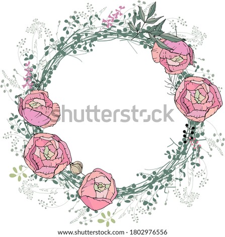 Round frame with pretty pink roses and modest wild herbs. Festive floral circle for your season design.